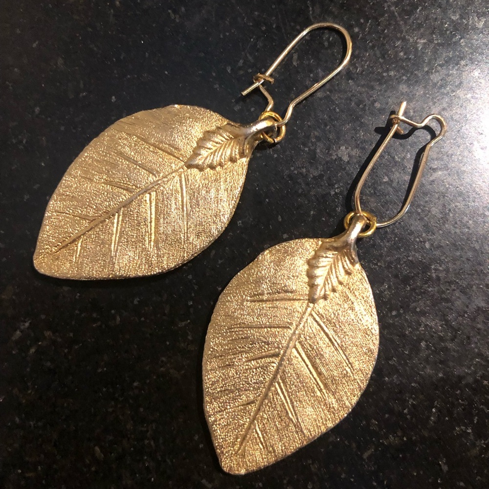 BERGERE Gold Plated Nature /Leaf / Leaves Dangle Earrings- 2" Drop- Vintage